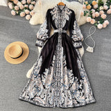 Zingj Spring And Autumn Style Holiday Style Holiday Style Lantern Sleeve Printed Dress A Skirt With Waist Swinging Above Knee