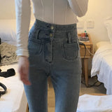 Spring Summer Women New Fashion Design Sense Tight Elastic Flared Jeans High Waist All-match Thin Ankle-length