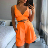sleeveless short set Women Sexy backless Strap 2Pieces Set deep V neck Crop Top+High Waist Button Shorts Female solid