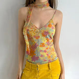 Zingj Wind Sexy Hot Girl Floral Tie Base Sling V Collar Pleated Show Chest Slim