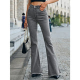 Button Fly Women's Raw Hem Flare Jeans Autumn Fashion Woman Denim Pants Jean Femme High Waist Full Length Slim