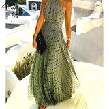 Women Elegant Polka Dot Print Chiffon Pleated Maxi Dress Boho Style Sleeveless Beach Wear Sexy Holiday Dress Long Dress