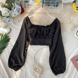 Autumn Women's Blouse French Retro Square Collar Solid Color Short Top New Navel Stretch Waist Thinning Shirts