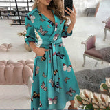 Women's Fashion Print Long-Sleeved V-Neck Bag-Groomed Commuting Dress