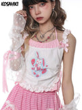 Fashion Sexy Cartoon Print Sweet Tank Tops Women Y2k Aesthetic Halter Bow Patchwork Tanks Lace Basic Backless