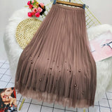 Both Sides Wear Pearls Mesh Skirt Women 2025 Summer Velvet High Waist Long Skirts Woman Solid Color A Line Pleated Skirts 211-0-Outfit