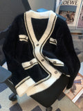 Fragrance Autumn Patchwork V-neck Mink Fleece Cardigan Jacket Long Sleeve Single Breasted Women's Elegant Sweater