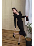 Zingj Vintage 2024 Autumn Design With Long-Sleeved V-Collar Knitted Dress, High Waist And Hip Hair