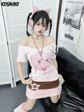 Aesthetic Kawaii Cute Cartoon Print Crop Top 2024 Summer All Match Casual Women T-shirt Grunge Hollow Out Fashion