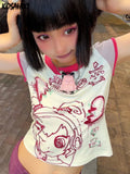 Aesthetic Kawaii Cute Cartoon Print Crop Top Contrast Color All Match Casual Women T-shirt Japanese Patchwork Fashion