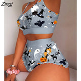 Women Halloween Graphic Print Lettuce Trim Cami Set Autumn Winter Sleeveless Crop Tops Two Piece Suit Homewear Shorts