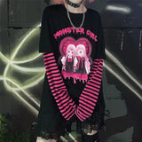 Women Autumn Alt Streetwear Harajuku Gothic Anime Fairy Grunge Punk Patchwork Long Sleeve Y2K T-Shirt Hip Hop Tops