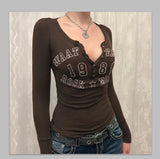 Number Letter Print Breasted Slim Long Sleeve Tee-Outfit