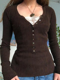 Crop Top Women Lace Button T Shirt Female Long Sleeve Top Knitted Sweater Ladies Solid Basic Slim Tee Spring