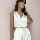 Satin White V Neck Crop Tops Women Sleeveless Elegant 2022 Summer Casual Cami Basic Off Shoulder Sexy Tank Tops
