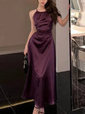 Satin Midi Dresses for Women 2023 New Summer French Fold Hollow Out Elegant Prom Fashion Slim Casual Female Clothes