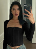 Top Women Long Sleeve Crop Top Square Neck T-Shirt Fairy Grunge Solid White Hook Eye Tops Sexy Brown Tee Shirt Y2K