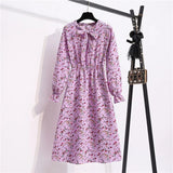 Summer Dress Women Lady Korean Style Vintage Floral Printed Cotton-Chiffon Shirt Dress Long Sleeve Bow Midi Dress