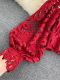 Lace Hollow Out Short Blouse Casual Lantern Long Sleeve Stand Collar Shirts Female Elegant Red/Pink/White Loose Tops