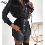 Autumn Spring Women Fashion Elegant Patchwork Turn-down Collar Casual Solid Long Sleeve Button-down Shirt PU Mini