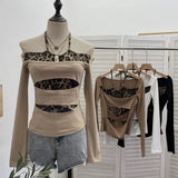 Shooting With Hanging Neck Leopard Print Splicing Two Long-Sleeved Tops A Short Shoulder Bottom T-Shirt