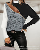 Zingj Spring And Autumn Plaid Knit Stitching Lace Top V Neck Fashion Long