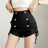 Waist short Pants Women's Summer Double Breasted Metal Decoration Fake Pocket High Street Casual Drawstring A-shaped