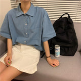 Women Short Sleeve blouses Solid Bf Oversize Loose Turn Down Collar College Simple Womens All-match Harajuku 2020