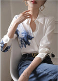 New Vintage Ink Printing Chiffon Shirt Turn-down Collar Long Sleeve Satin Blouse Women Summer Korean Style Casual
