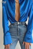 Long Sleeve Blouses Women Tops 2023 Vintage Blue Green Silk Shirt Casual Loose Button Up Female Shirts Fashion Tops