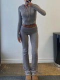 Knit Zipper Hodded Top And Pants Set-Outfit