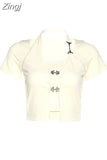 Sweet Cute Crop Top Pullovers Summer Short Sleeve Vintage Streetwear T Shirt Women Skin Button Prepply Korean E-girl