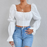 Zingj And Summer Women Pure White Long Sleeve Front Chest With Open Back Sexy Waist Shirt
