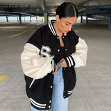 2021 Autumn Winter Oversized Baseball Jacket Varsity Bomber Women Long Sleeve Patchwork Letter Print Coat