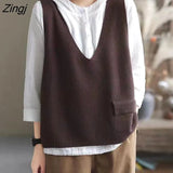 Vest Women V-neck Solid Pockets Loose All-match Autumn Fashion Korean Casual Свитер Женский Retro Simple Knitwear
