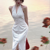 Summer Halter White Dress For Women Elegant Midi Bodycon Prom Ladies Solid Clothing Femme