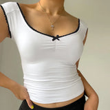Trend Sweet And Spicy Style Small Sexy V-Collar Bow Splicing Color Slimming Vest T-Shirt 2024 Spring / Summer New