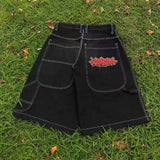 Pocket Embroidered Letter Print Jeans Men's Shorts Summer Vintage Super Wide-Legged