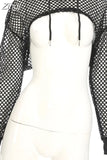 Streetwear Neon Green Mesh Fishnet Top Women Tshirt Perspective Smock Long Sleeve Women's T-shirts Sexy Cropped