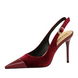 Zingj High Heels Women's Shoes Shallow Mouth West Velvet And Thick Suede Stitching Tip Back Empty Hollow Back Trip Strip Single