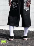 Pocket Embroidered Letter Print Jeans Men's Shorts Summer Vintage Super Wide-Legged