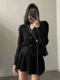 Ins Fashion Autumn Winter Women's Knitted Suits Solid Single Breasted Long Sleeve Sweater+High Waisted Mini Pleated