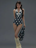 Set Women Bow Swimwear Halter Argyle Tender College Summer American Retro Casual Vacation Backless Ulzzang Sexy Girls