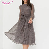 Elegant Dot Print Long Sleeve Polka Dress O Neck Chiffon A Line Women Casual Dress Vintage Midi Vestidos