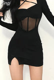 Fashion Elegant Square Neck Mesh Patchwork Bodycon Sexy Dress Mini Chic Transparent Corset Party Women Dresses