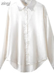 Fashion Button Up Satin Silk Shirt Vintage Blouse Casual Loose Button Up Down Shirts Tops Lady Long Sleeve Female