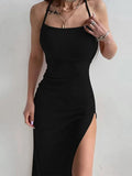 Black Long Bodycon Dress Women Summer Sleeveless Blackless Halter Neck Spaghetti Strap Dresses High Split