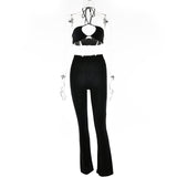 Casual Backless Two Pieces Sets Women Sexy Halter Hollow Out Top Long Flare Pant Suit Party Outfits Strapless