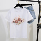 Cotton T-Shirt Tops + Short Jeans 2 Pieces Sets 2024 New Summer Women's Denim Pants Outfits 3D Flowers Beading