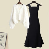 Zingj And Winter Suit Women's 2024 New French Feeling Cross Knit Sweater With Fishtail Dress Two Sets-Outfit